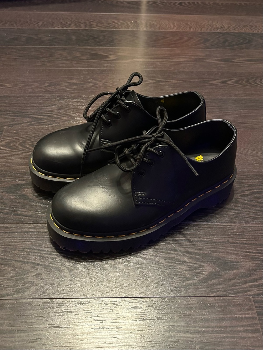 Dr. Martens Black Leather Derby Shoes with Yellow Welt